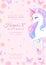 Birthday party invitation with unicorn, butterflies and flowers. Vector illustration on pink background.