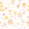 Birthday party kids. Afternoon Tea seamless pattern. Different cakes and gifts. Vector illustration in simple cartoon hand-drawn