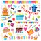 Birthday party objects vector illustration set, cartoon flat anniversary day celebration collection with burning candles