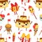 Birthday Party Seamless Pattern with Cute Funny Desserts Characters, Textile, Wallpaper, Packaging, Background Design