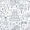 Birthday party seamless pattern, flat line illustration. Vector icons of event agency, wedding organization - cake