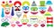 Birthday party set. Clown, hat, cap, glasses, lips, mustaches, tie and etc., icons