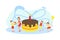 Birthday Party, Tiny Mother and Happy Kids with Huge Festive Cake Vector Illustration