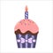 Birthday purple cupcake with ribbon, candle burning, sprinkles and pink sugar icing. Birthday clipart cupcake cartoon.