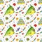 Birthday seamless pattern with bird, gifts, cake and flags. Watercolor cartoon hero for party. Hand drawn  background