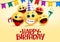 Birthday smiley emojis vector greeting. Happy birthday greeting text in empty space for messages with yellow smileys emoji.