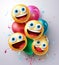 Birthday smileys greeting vector design. Happy birthday text with smiley emojis in party hats, cupcake and gift celebration.