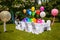 Birthday table with rainbow balloons. Summer holiday in the park