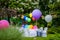 Birthday table with rainbow balloons. Summer holiday in the park