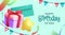 Birthday vector background design. Happy birthday greeting text with gift box, star, envelope and pennants surprise elements.