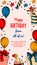 Birthday vertical greeting card. Poster with hand drawn elements. Celebration social media stories template. Vector illustration