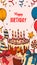 Birthday vertical greeting card. Poster with hand drawn elements. Celebration social media stories template. Vector illustration