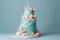 Birthday or wedding cake decorated with seashells, pearls, stars, blue background. Generative AI