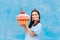 Birthday Woman Celebrating Holding Huge Cupcake