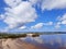 Biscarrosse sandy wild beach with blue calm water in landes france