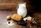 Biscuit. Bakery products. Oat cookies. Homemade oatmeal cookies with cereals and dried fruits. Oatmeal cookies and milk. Cereals a