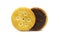 Biscuit sandwich cracker chocolate cream flavoured. Inside and outside of crunchy delicious sweet meal and useful cookies.