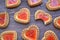 Biscuit sweet cookie background. Relationship concept. Biscuit hearts pattern, bitten biscuit