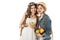 Bisexual hippie couple with fruits embracing isolated on white
