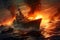Bismarck warship on fire in the battle