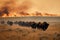 Bison fleeing prairie fire, race against time, devastating flames, generative AI