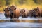 bison herd on the move across a stream