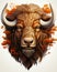 a bison with long horns and orange leaves on its head. generative ai