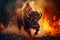 A bison in motion, running through a forest engulfed in flames. The urgent escape of the animal from the environmental hazard of a