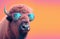 Bison in sunglass shade glasses isolated on solid pastel background, commercial, editorial advertisement,. Generative AI