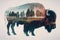 Bison and wild nature. Double exposure. Ai generative