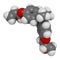 Bisphenol A diglycidyl ether (BADGE, DGEBA) epoxy glue constituent molecule. 3D rendering.  Atoms are represented as spheres with