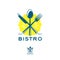 Bistro restaurant logo. Snack emblem. A fork, a spoon and a knife in a yellow badge.