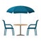 Bistro round table with open umbrella tent and two chairs