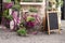 Bistro store front with pink bicycle and chalk board