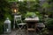 bistro table with mismatched chairs and lantern for al fresco dining