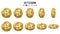Bitcoin 3D Gold Coins Vector Set. Realistic. Flip Different Angles. Digital Currency Money. Cryptography Finance Coin