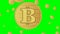 Bitcoin animation, golden cryptocurrency coin symbol, fiery ellipses around the coin, flying another coins on background