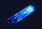 Bitcoin azure blue neon comet symbol flying in open space
