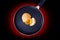 Bitcoin background. Heated interest in bitcoin concept with frying  pan and bitcoin symbol from egg shell.