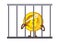 Bitcoin Ban. BTC illegal. Cartoon bitcoin in prison vector illustration. Funny bitcoin. Prohibition of trade in bitcoins