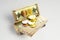 Bitcoin banknotes and golden btc coins on the treasure trove, cryptocurrency in wooden chest, gift, decoration on white paper