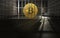 Bitcoin behind the bars. Big troubles of Bitcoin or other cryptocurrencies. Copyspace below. 3D rendering