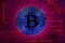 Bitcoin, with a blue coin on a red digital background