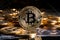 Bitcoin brilliance on black canvas golden coins spotlighted with elegance