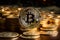 Bitcoin brilliance on black canvas golden coins spotlighted with elegance