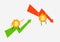 Bitcoin in bullish or bearish market trend in crypto currency. Green up or red down arrow graph. Cryptocurrency cartoon concept