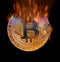 Bitcoin burning flames concept