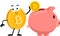 Bitcoin Cartoon Character Putting Coin In Piggy Bank