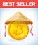 Bitcoin in Chinese straw hat. Bitcoin. Digital currency. Crypto currency. Money and finance symbol. Miner bit coin