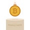 Bitcoin Christmas bauble pedestal. Merry Christmas money greeting card. Hang on a thread coin bitcoin ball as a xmas ball on